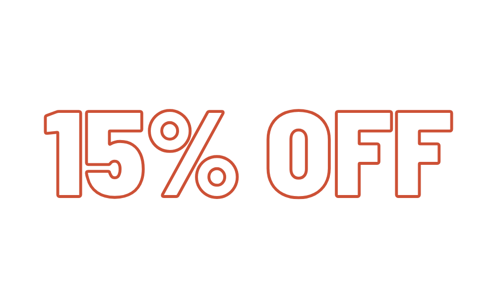 15% OFF text outlined in red.