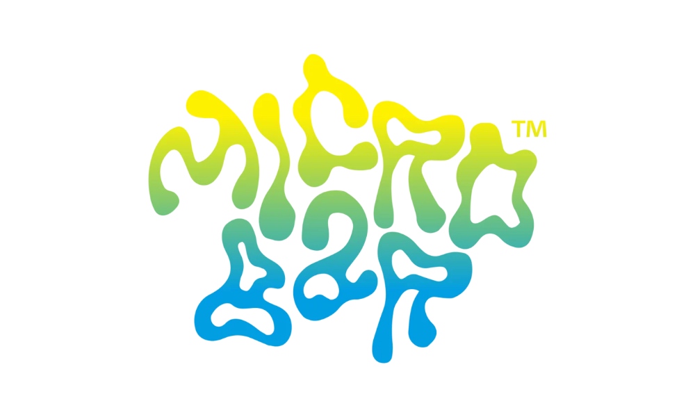 Microbar logo with yellow to blue gradient, blob-like lettering.