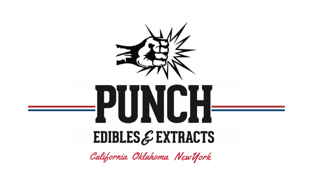 Punch edibles and extracts logo. Fist punching with burst, text below: California, Oklahoma, New York.