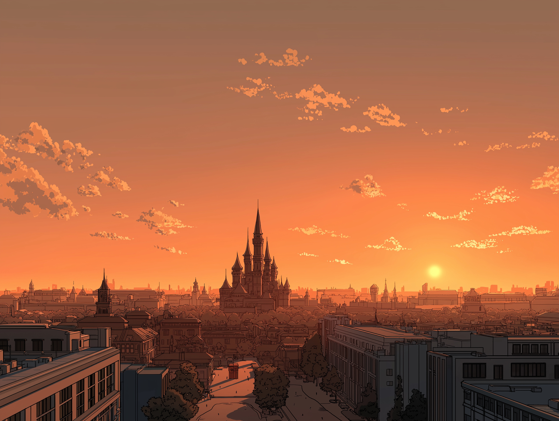 Cityscape at sunset with a castle in the center and buildings in the foreground, bathed in orange light.