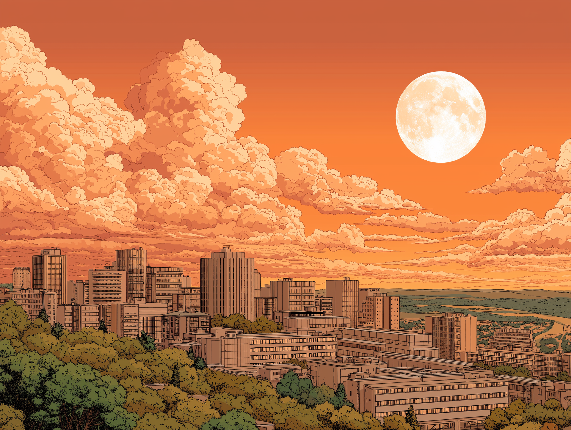 City skyline under a fiery orange sky, large moon, puffy clouds, and a forested foreground.