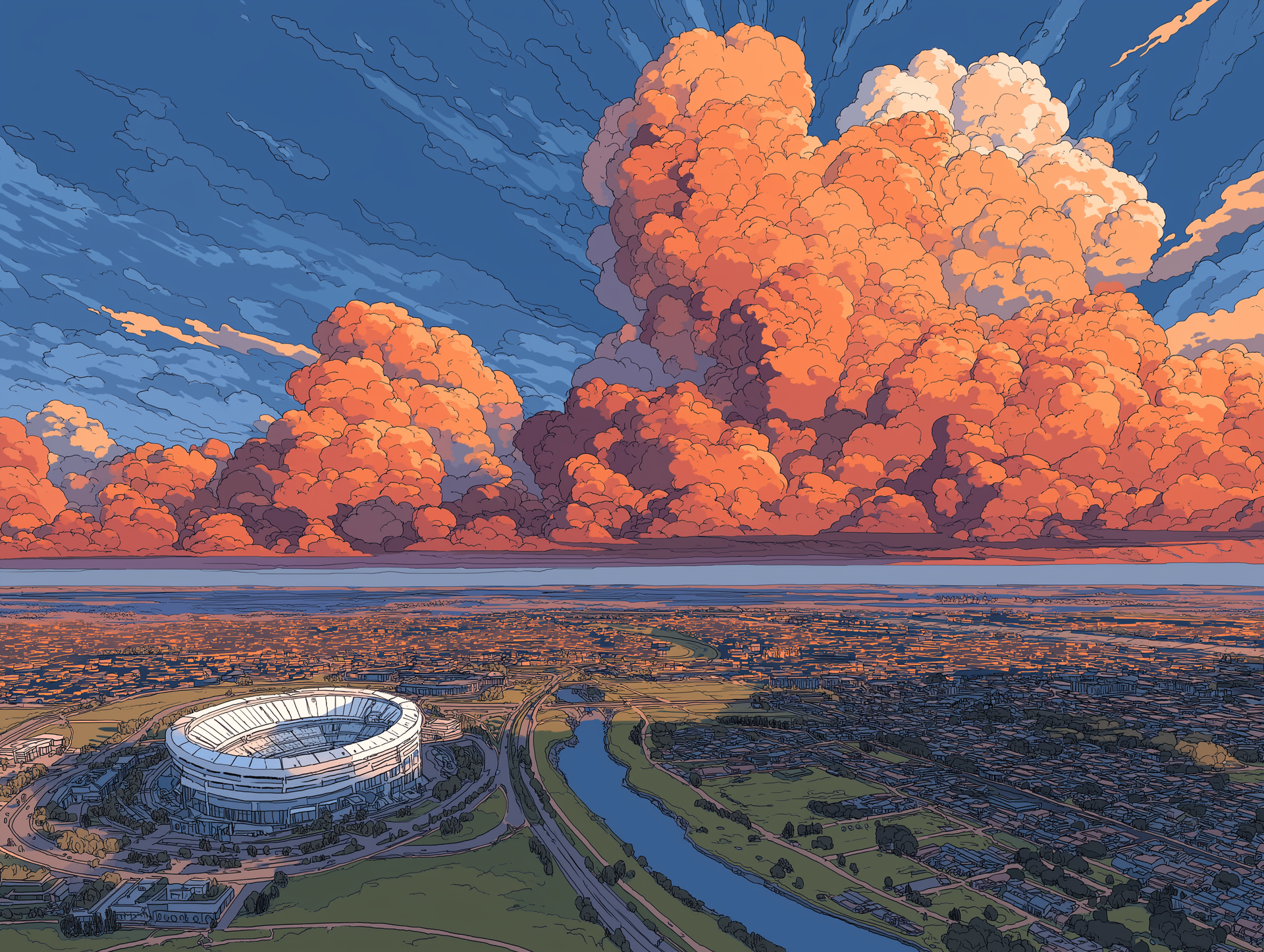 Vibrant sunset over a cityscape with a stadium, river, and massive, orange-toned clouds.