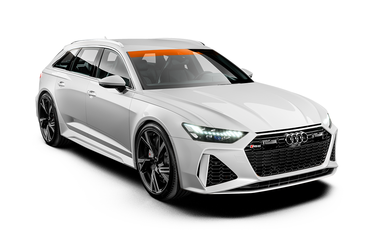 White Audi RS6 Avant, black wheels, orange tint on windshield.