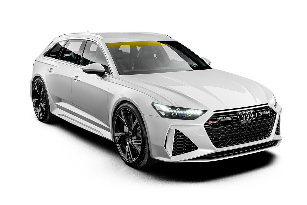 White Audi RS 6 Avant wagon, black wheels, yellow windshield banner, angled front view.