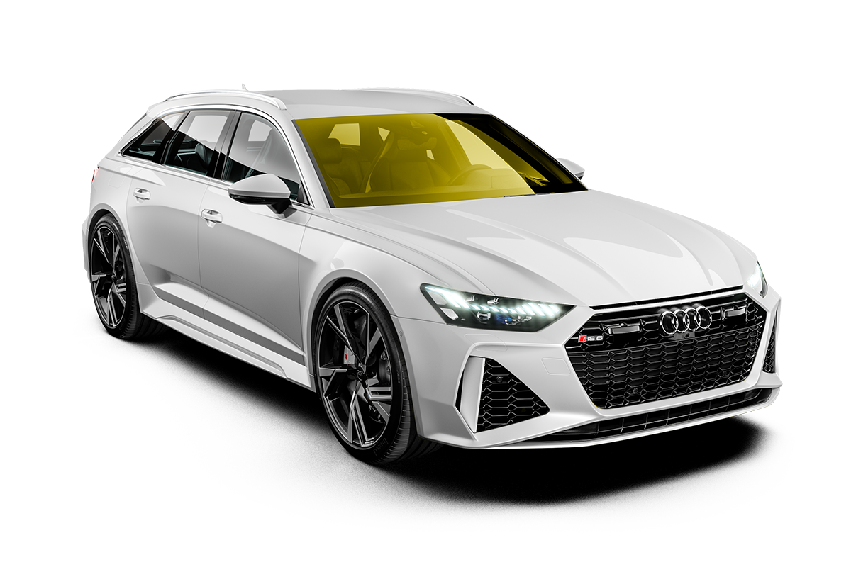 White Audi RS 6 Avant, angled, black wheels, black grille, yellow tinted windows, on white background.
