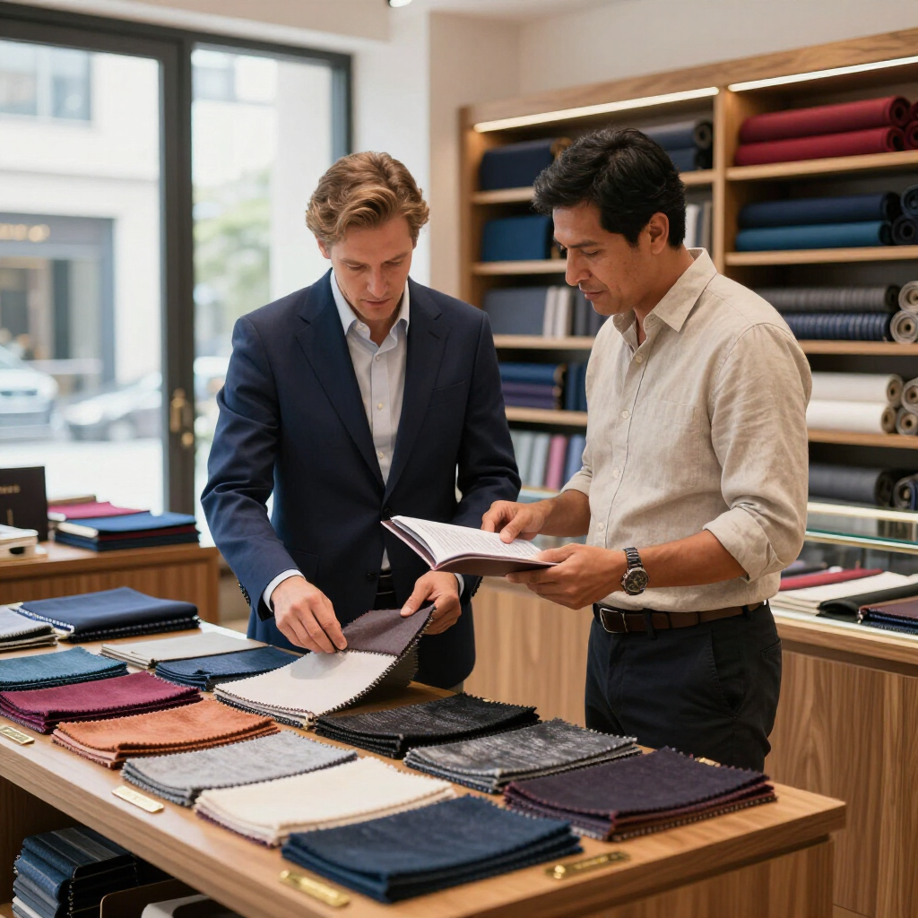 Dos hombres revisan muestras de tela en una sastrería profesional llena de estantes con textiles enrollados.