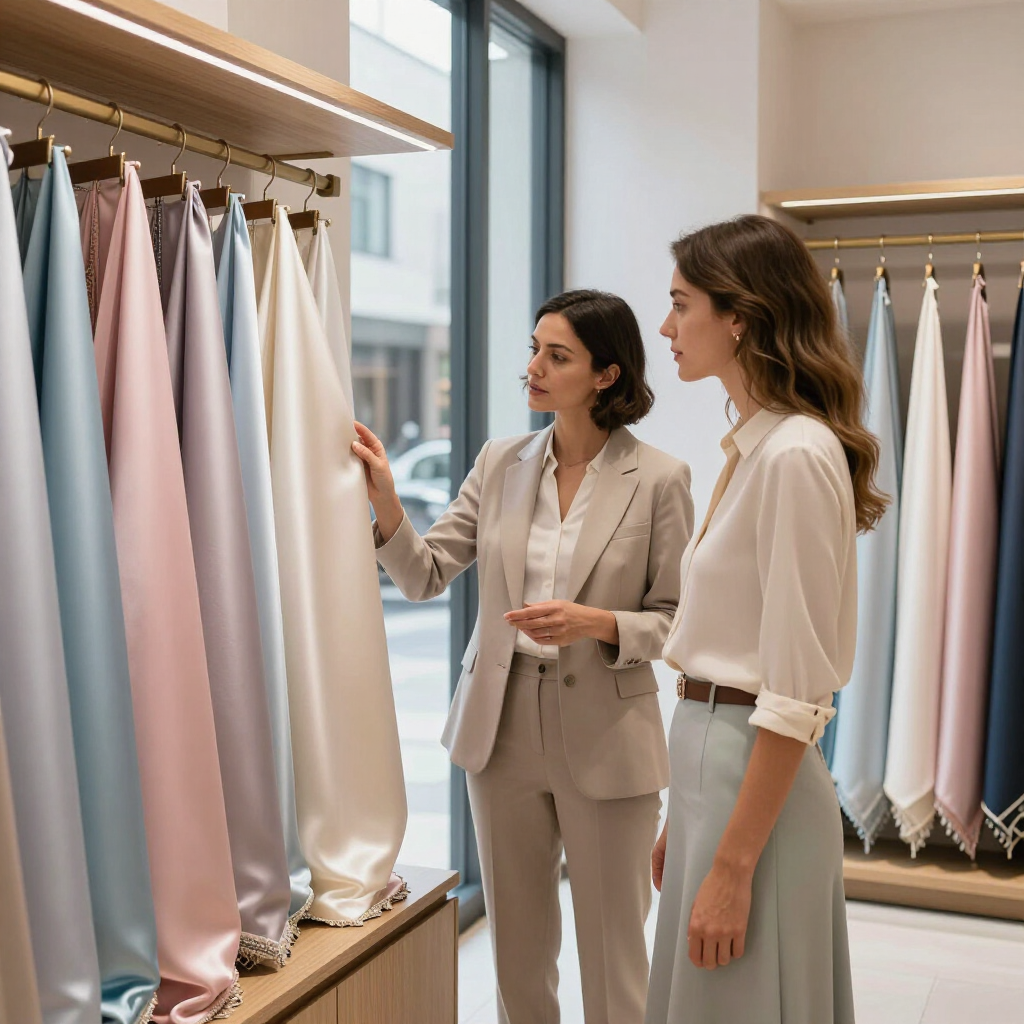 Dos personas miran muestras de telas colgadas en estantes en una sala de exposición bien iluminada.