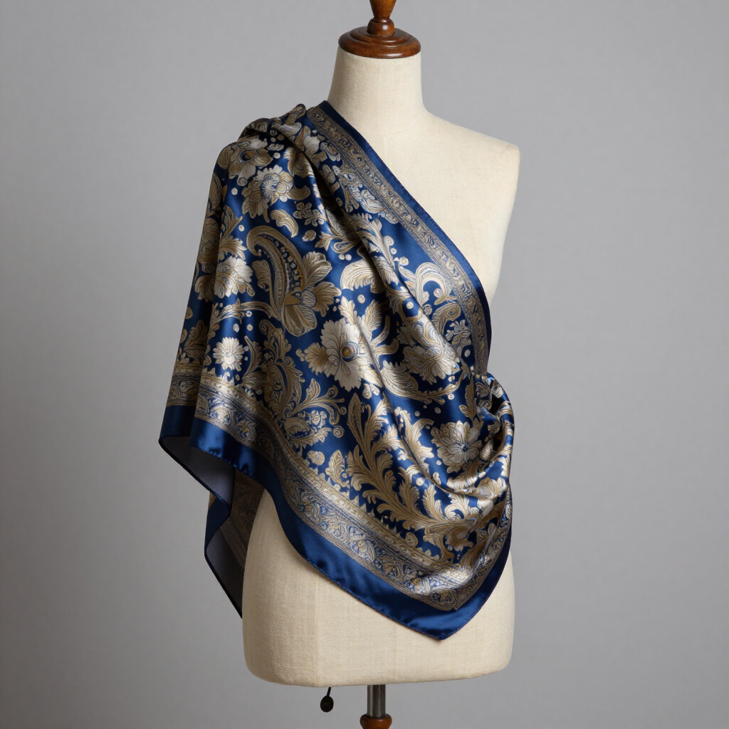 Un pañuelo de seda azul con un estampado floral y paisley metálico dorado que cubre el torso de un maniquí.