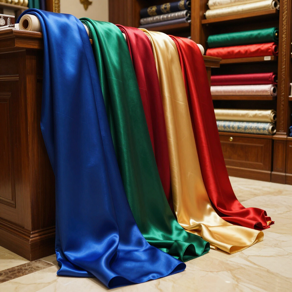 Telas de satén de color azul brillante, verde, dorado y rojo cuelgan de un mostrador de madera en una tienda de telas.