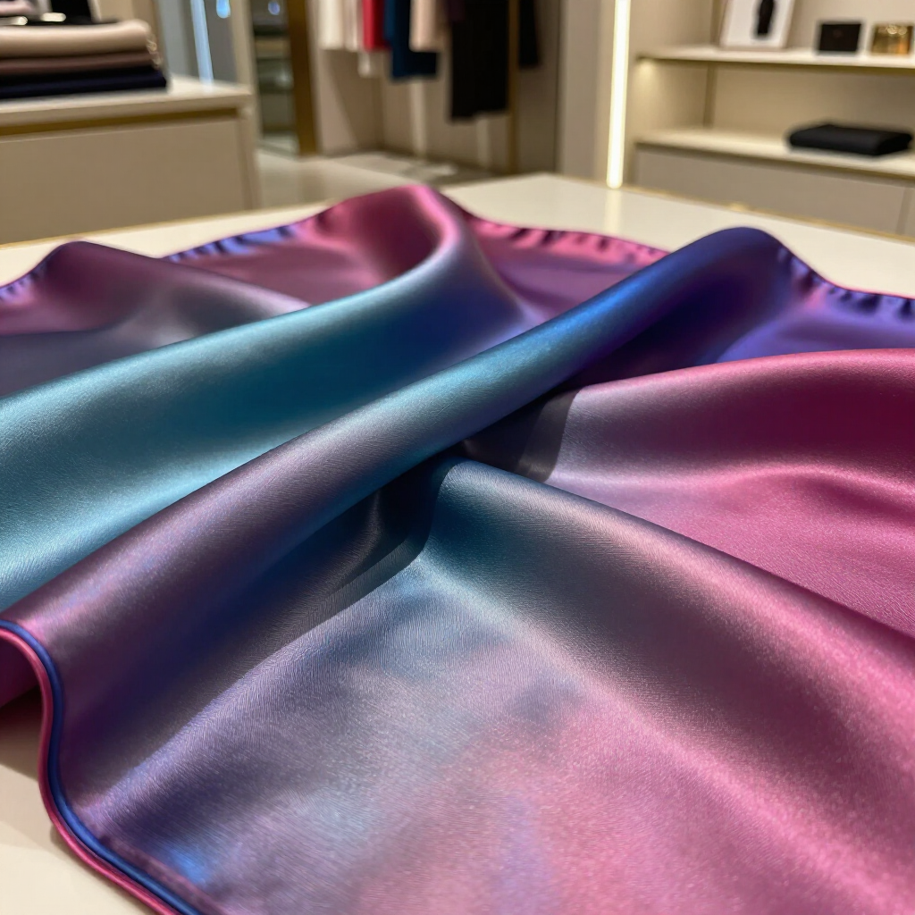 Una tela doblada e iridiscente pasa de un rosa vibrante a un verde azulado 