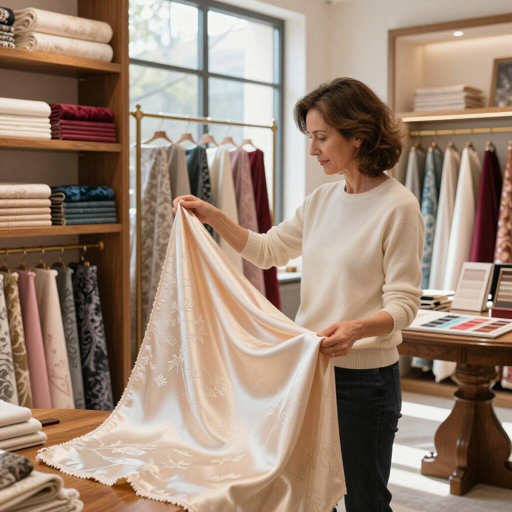 Una persona en una tienda de telas sostiene un trozo de tela estampada de color claro para examinarlo.