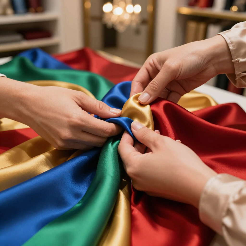 Manos organizando telas de seda vibrantes y multicolores sobre una mesa en un espacio luminoso y organizado.