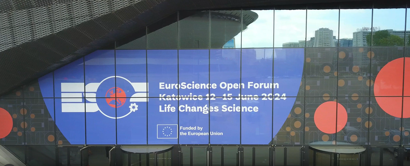 A building with a blue sign that says euro science open forum