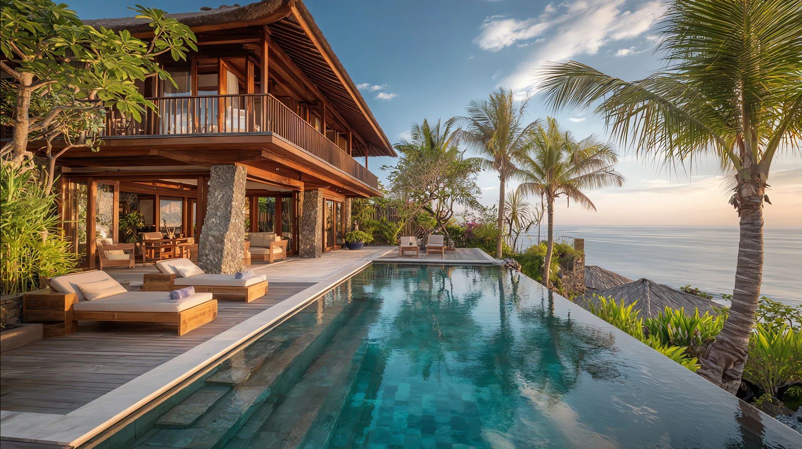 Luxury villa with infinity pool overlooking the ocean, palm trees, and clear blue sky.