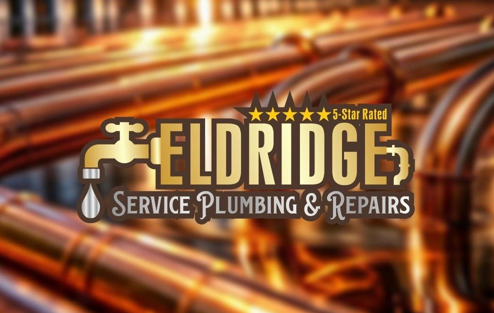 Eldridge Service Plumbing & Repairs logo with a copper pipe background. The logo includes a golden faucet icon.