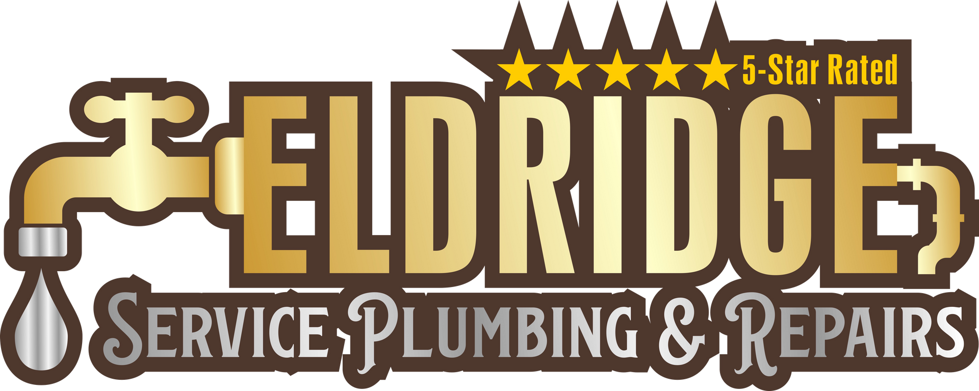 Logo for Eldridge Service Plumbing & Repairs; faucet icon and 5-star rating.