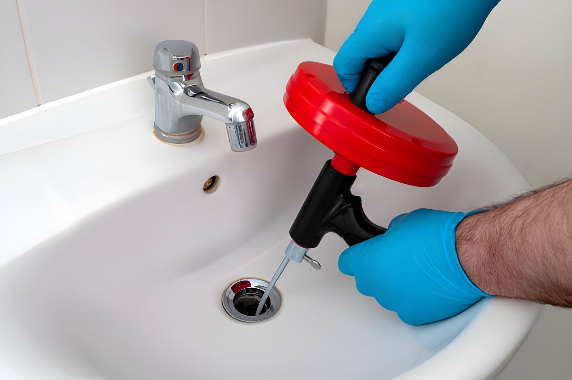 Hands wearing blue gloves using a drain snake on a white bathroom sink to unclog a drain.