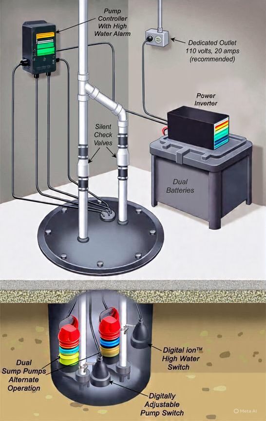 Diagram of a sump pump system with dual pumps, alarm, and backup power.