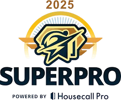 SuperPro logo for 2025 event. A badge with a lightning bolt and a home icon, with a gold ring and 