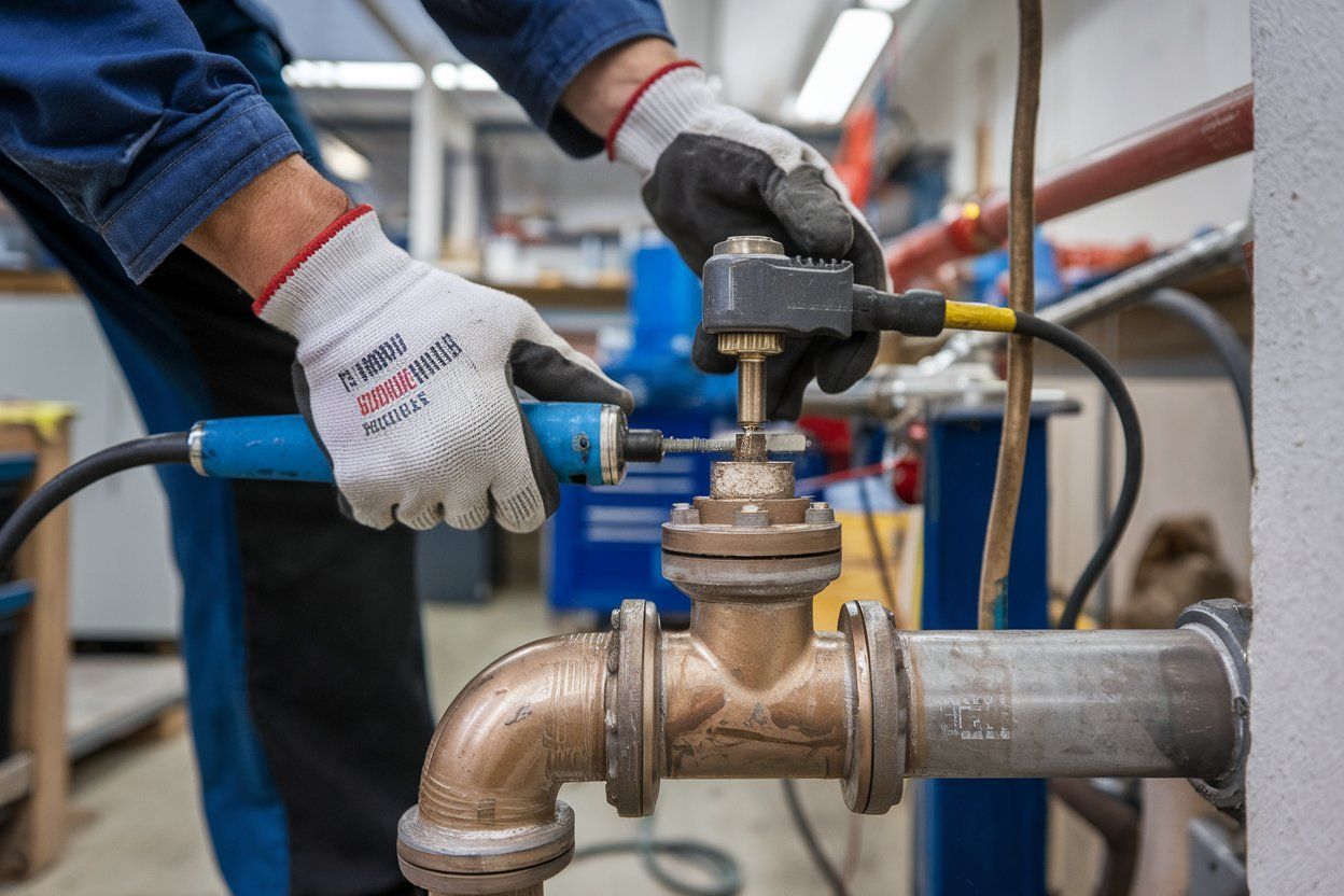 A worker wearing gloves repairs pipes using a blue tool in a workshop setting.