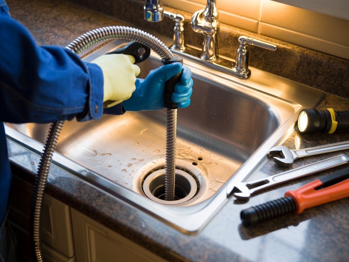 Plumber in blue work shirt and gloves using a snake to unclog a kitchen sink.