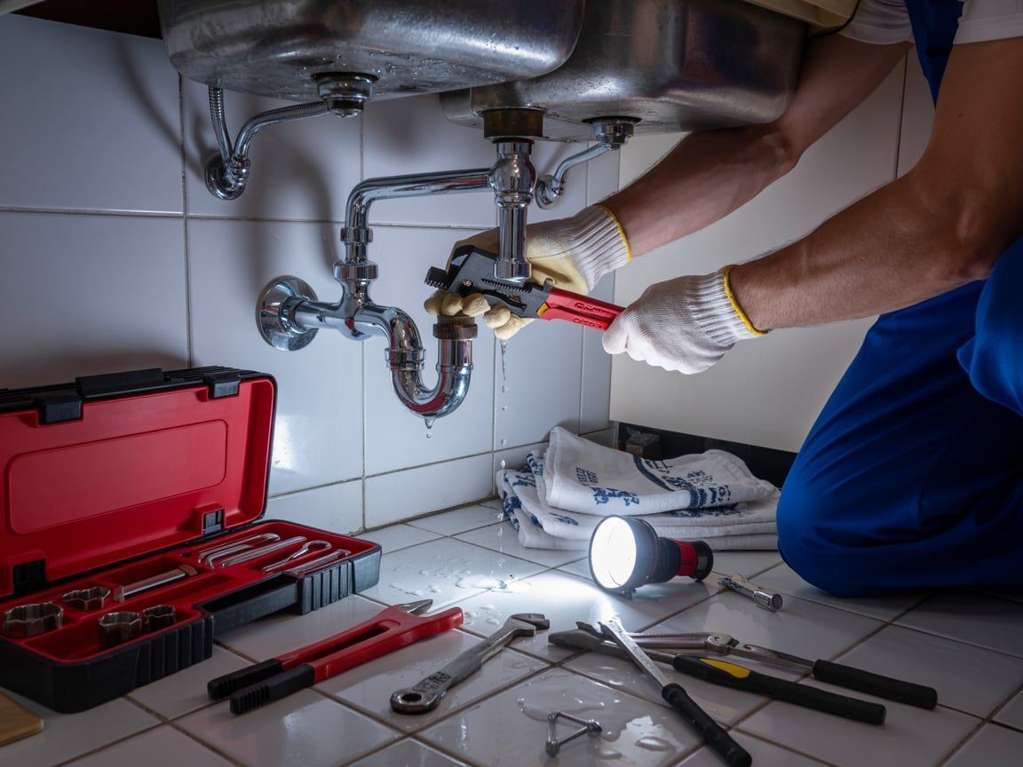 Plumber in blue overalls uses a wrench under a sink, illuminated by a flashlight. Tools in a case and on the floor.