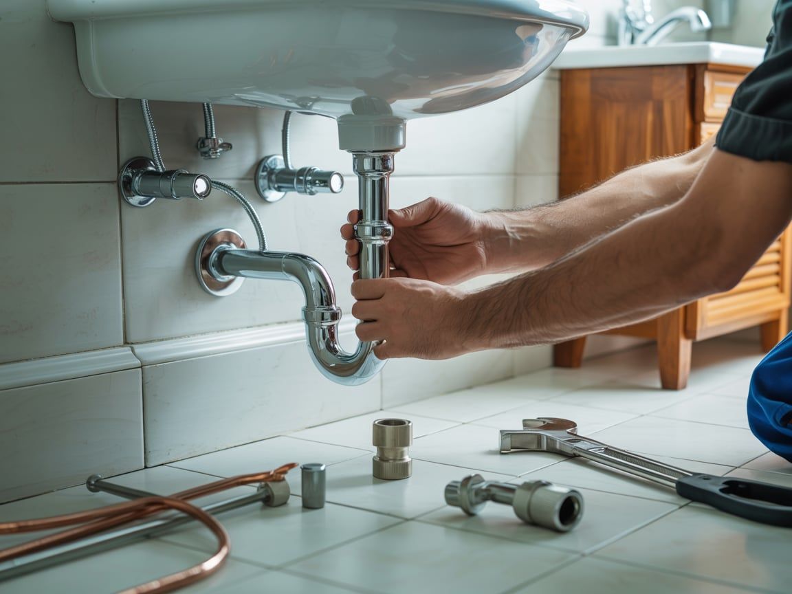 Plumber installing sink drain pipes in bathroom; tools on floor.