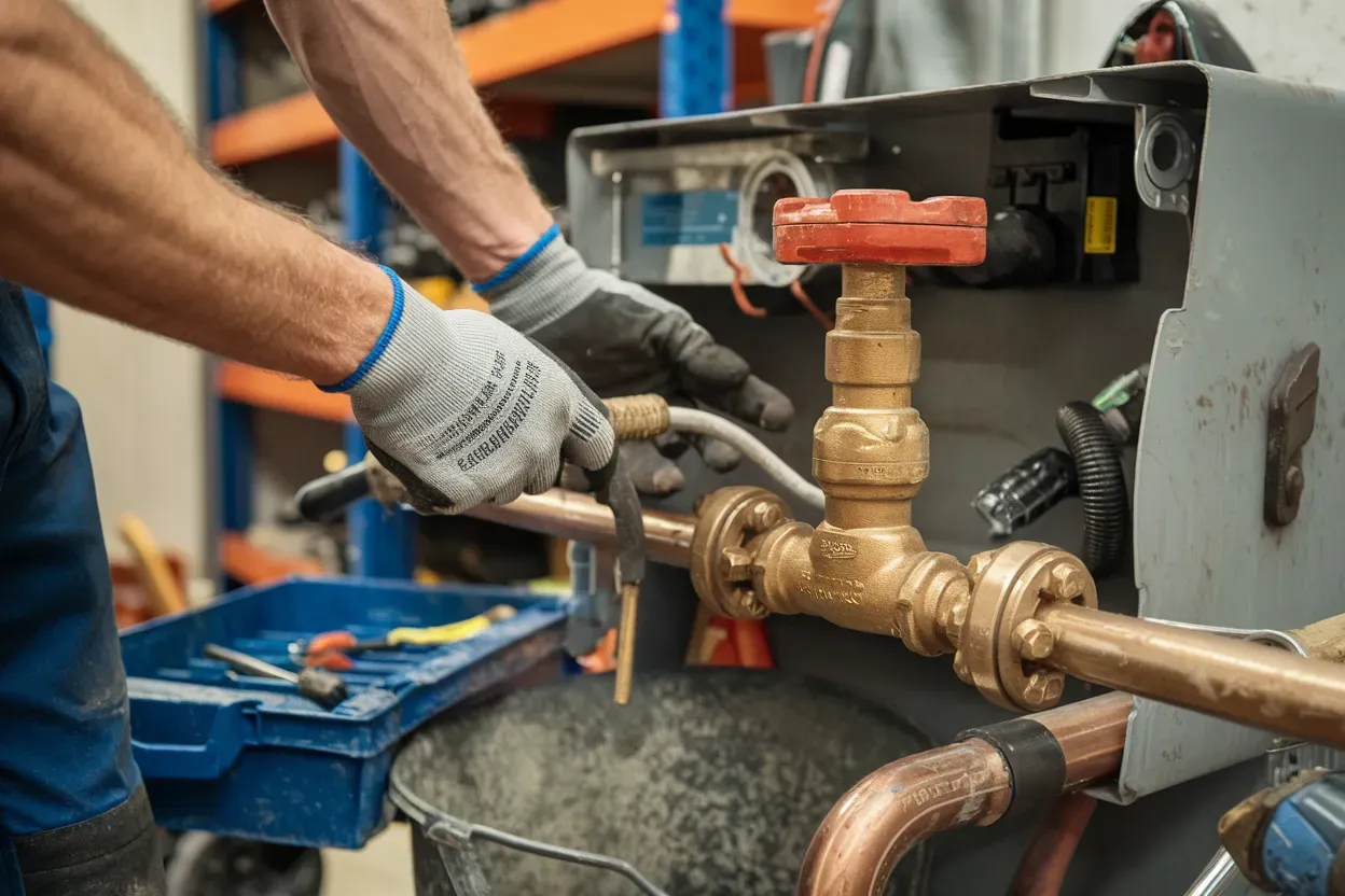 Mechanic in gloves working on plumbing fixtures with tools nearby.