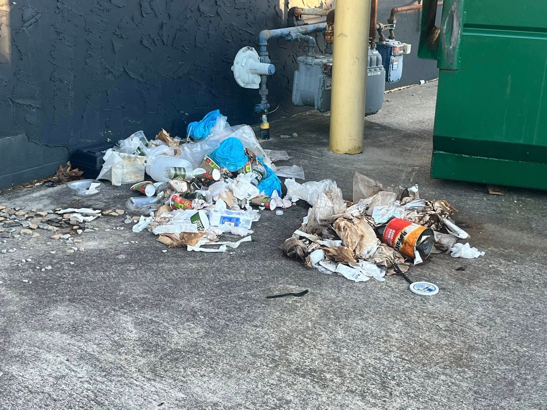 Trash and debris scattered on the ground next to a green dumpster and a gas meter against a dark wall.