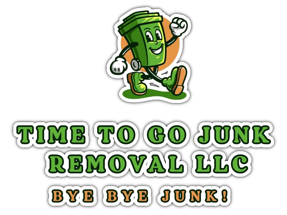 Logo for Time To Go Junk Removal LLC featuring a cheerful green trash bin character walking, with text "BYE BYE JUNK!".