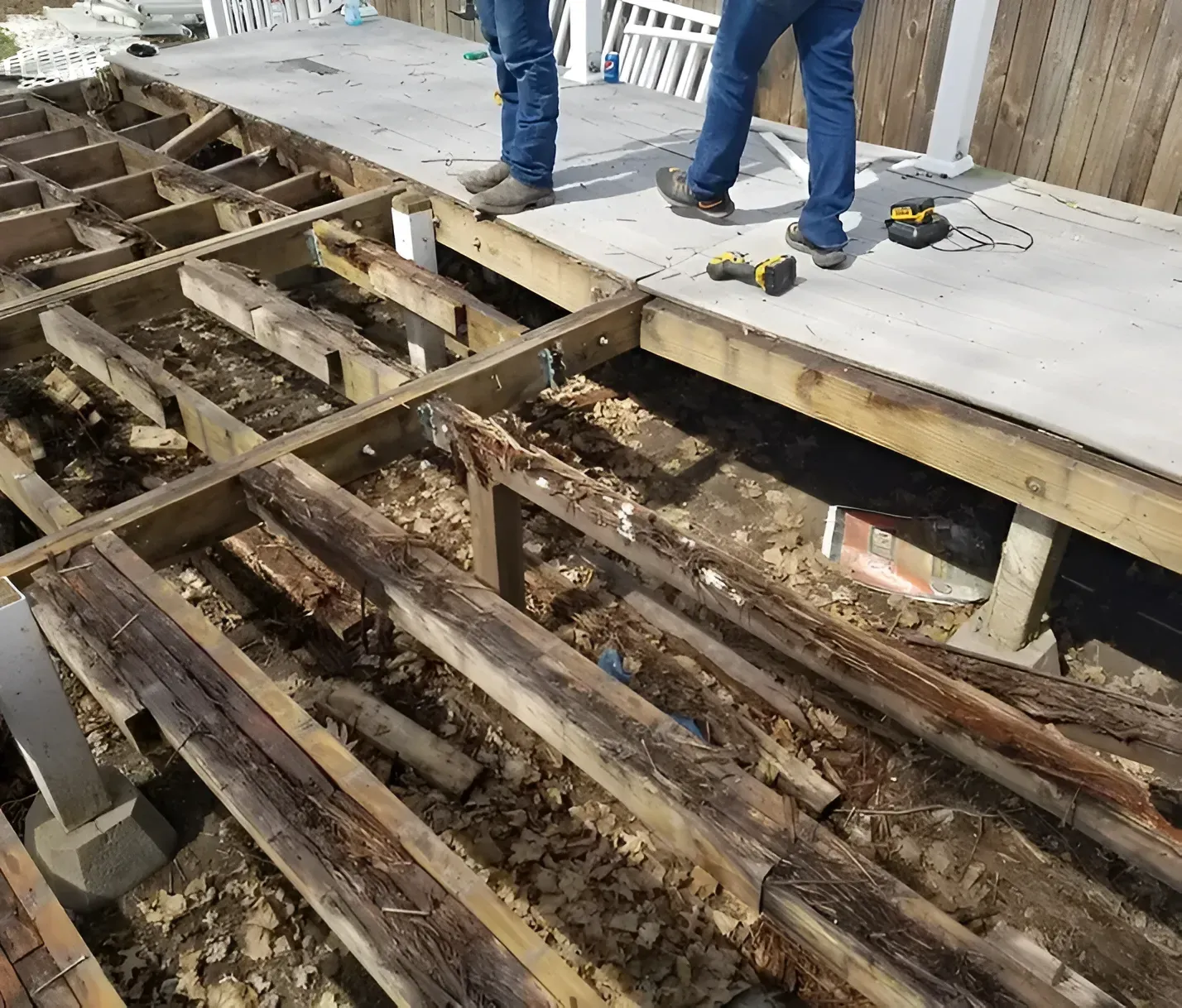 Two people standing on a partially deconstructed wooden deck with exposed joists and framing supports.