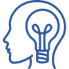 A blue icon of a person 's head with a light bulb inside of it.