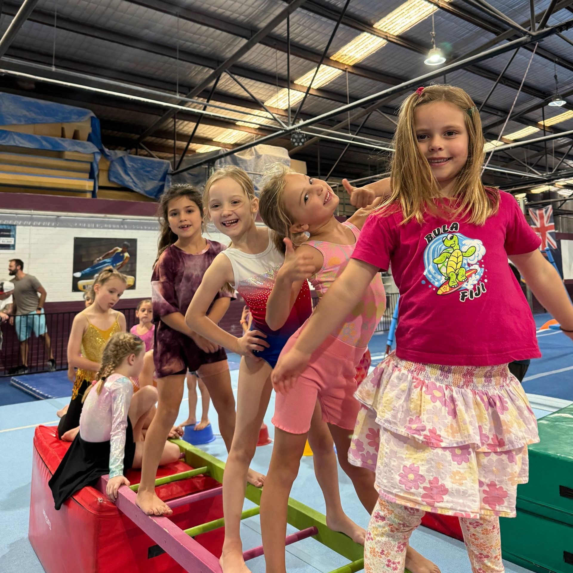 A group of young girls are playing in a gym.