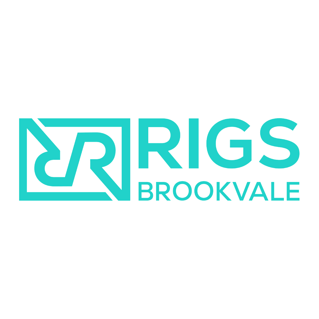 The logo for rigs brookvale is a blue and white logo on a white background.
