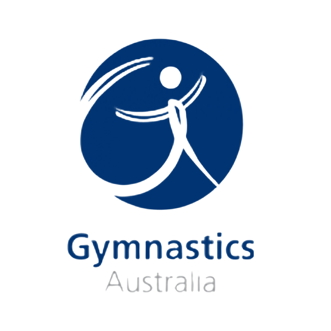 A logo for gymnastics australia with a gymnast in a blue circle