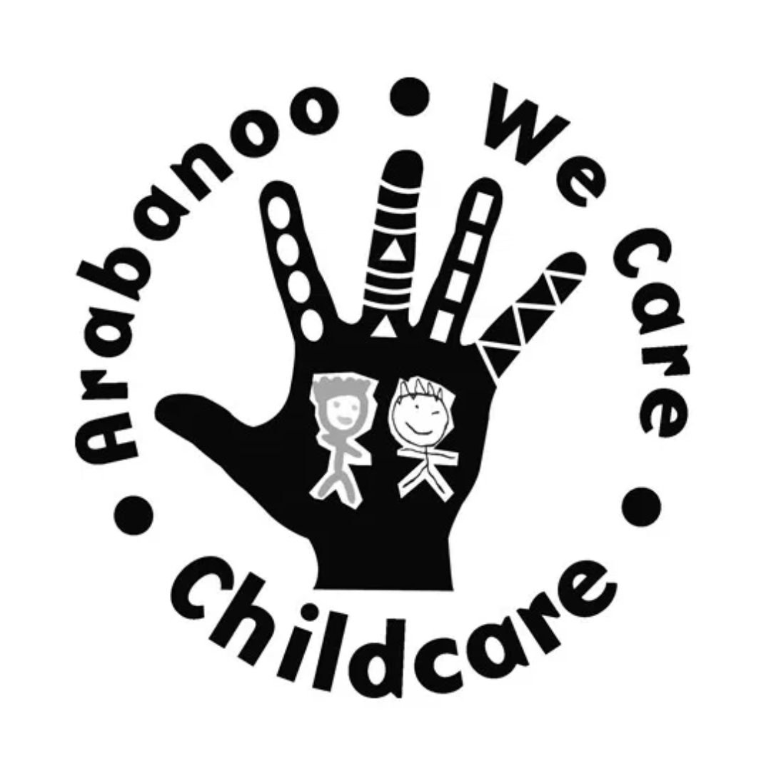 A black and white logo for arabanoo childcare with a hand