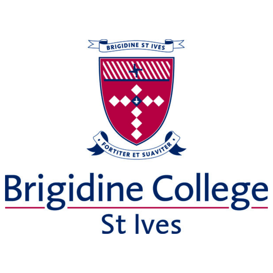 The logo for brigidine college st ives is a red shield with a cross on it.