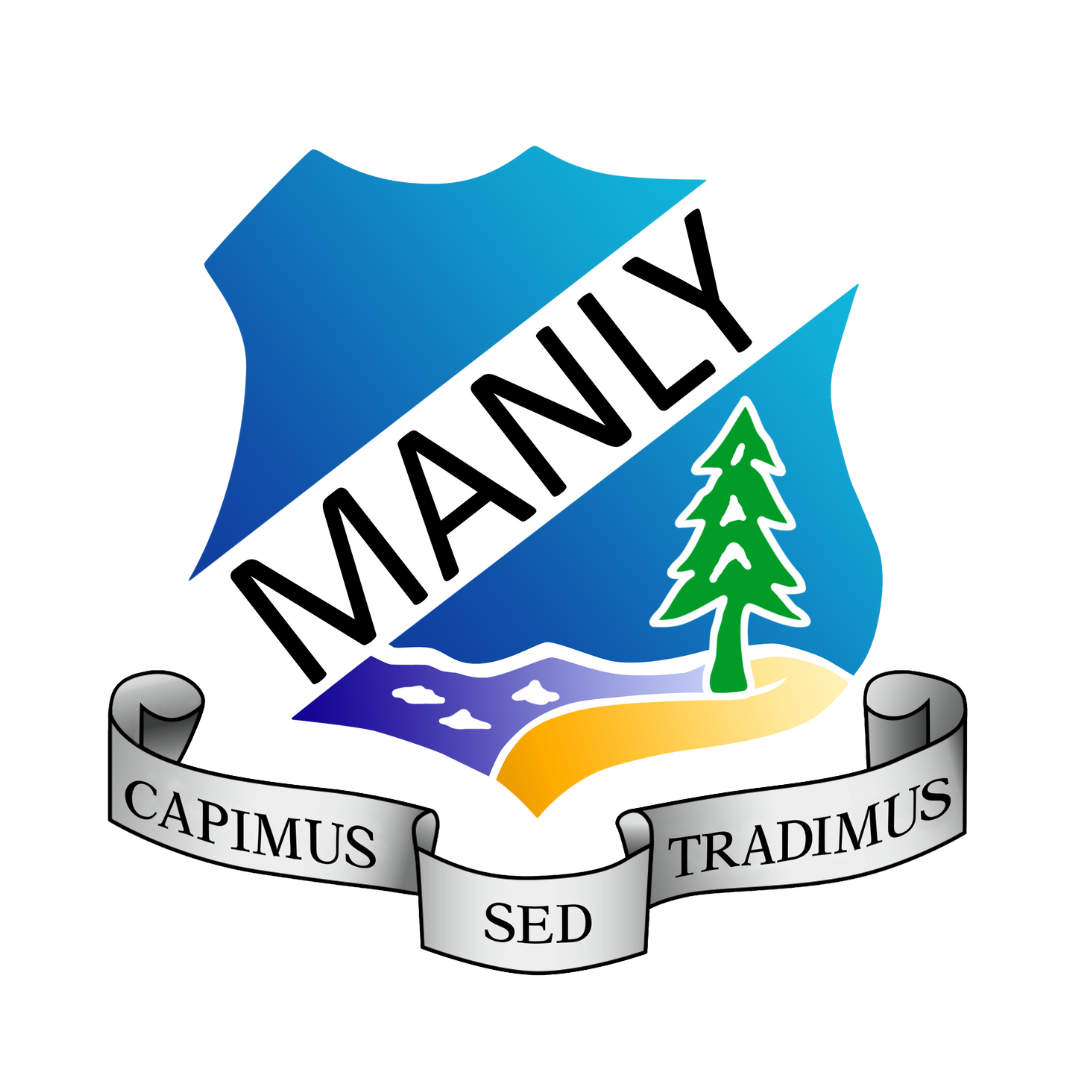 A blue shield with the word manly on it