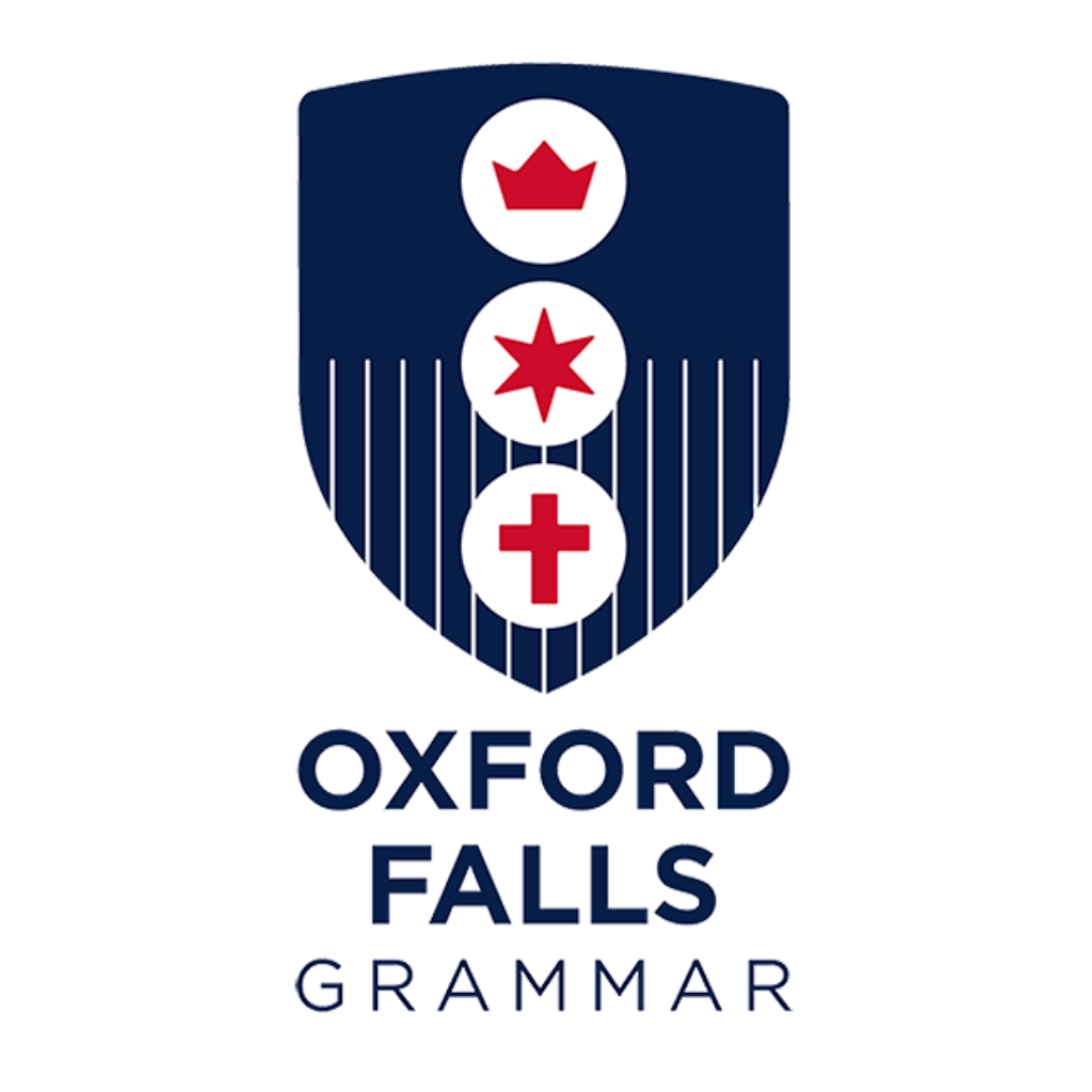 The logo for oxford falls grammar is a shield with three circles and a cross on it.