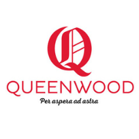 A red and white logo for queenwood per aspera ad astra