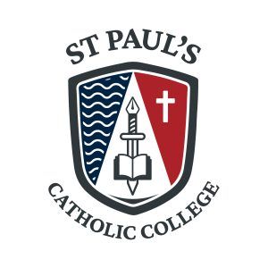 The logo for st paul 's catholic college has a shield with a cross on it.