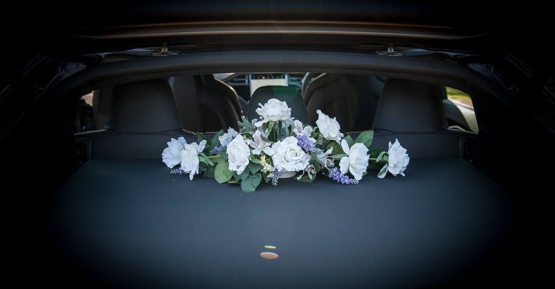 wedding flowers inside car