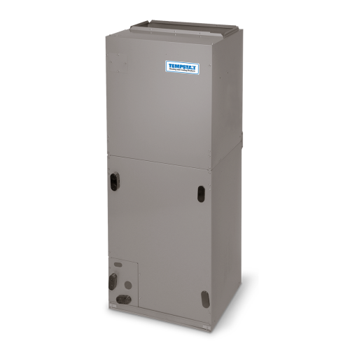 A gray air conditioner with a blue logo on it