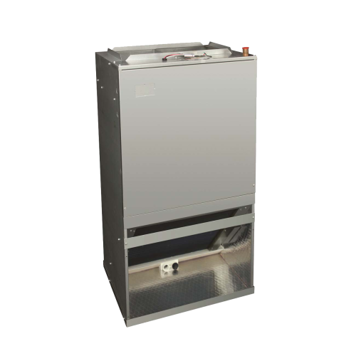 A stainless steel air conditioner is sitting on a white surface.