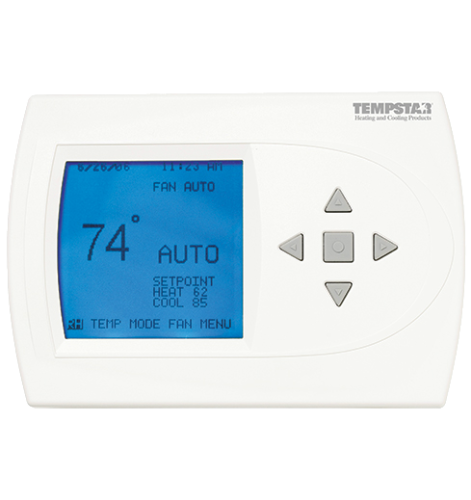 A white thermostat with a blue screen that says 74 degrees