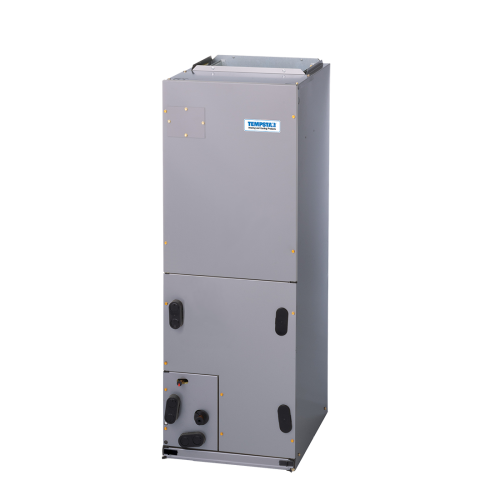 A gray air conditioner on a white background.