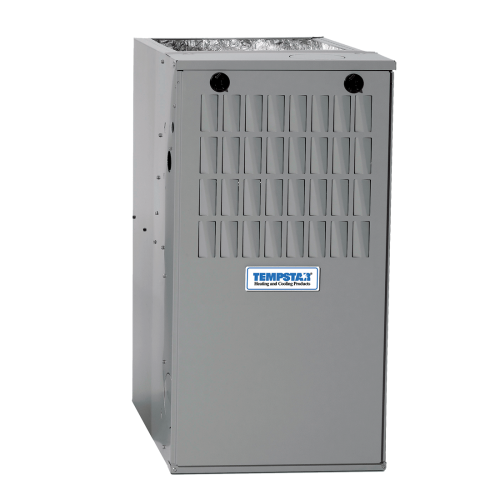 A gray furnace is sitting on a white surface.