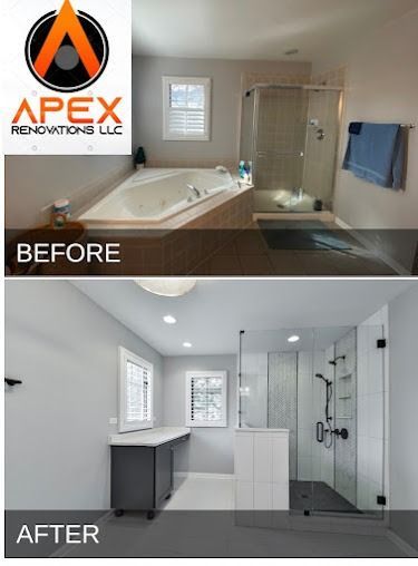 Before-and-after bathroom renovation. Top shows a tub and shower. Bottom shows a new shower and vanity.
