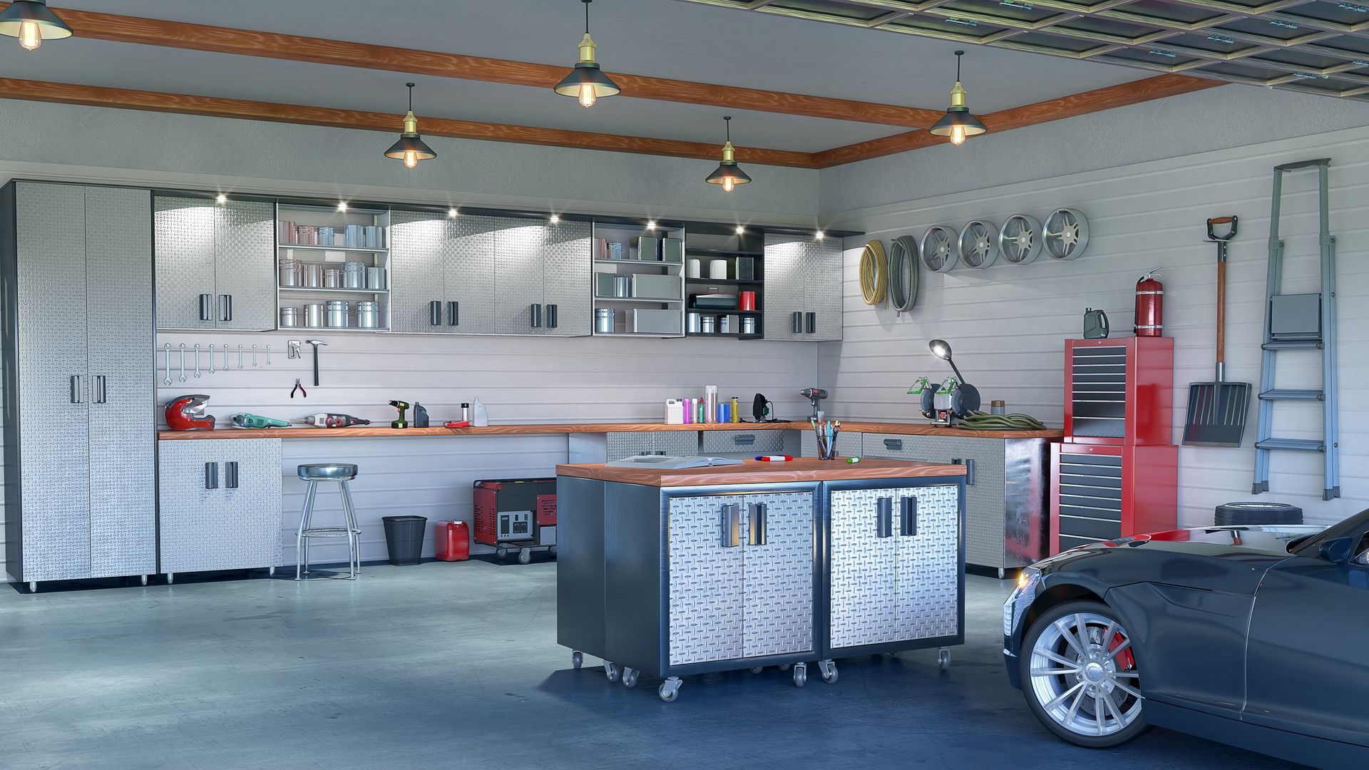 A garage that could be warmed by a unit heater.