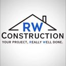 Logo for RW Construction: Black roof outline, blue RW letters, black "CONSTRUCTION" and tagline "Your project, REALLY WELL done."